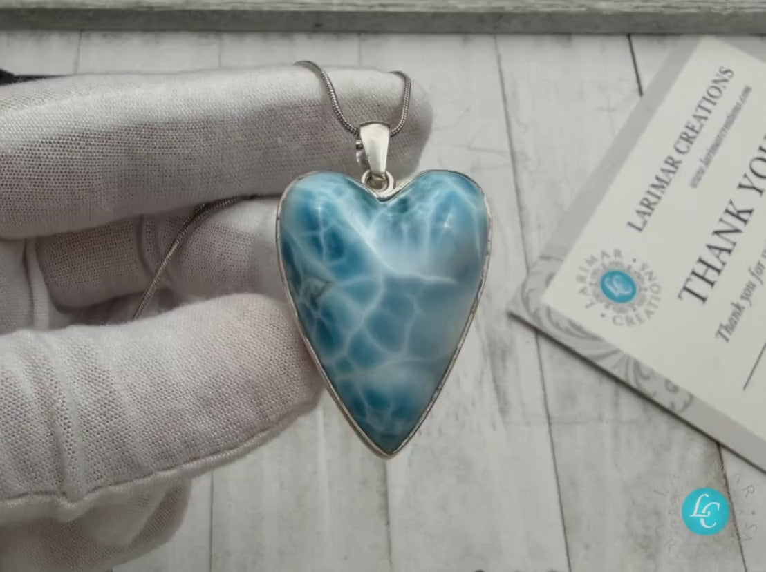 AAA Larimar Heart Pendant – Natural Gemstone Necklace, 925 Sterling silver Larimar heart pendant