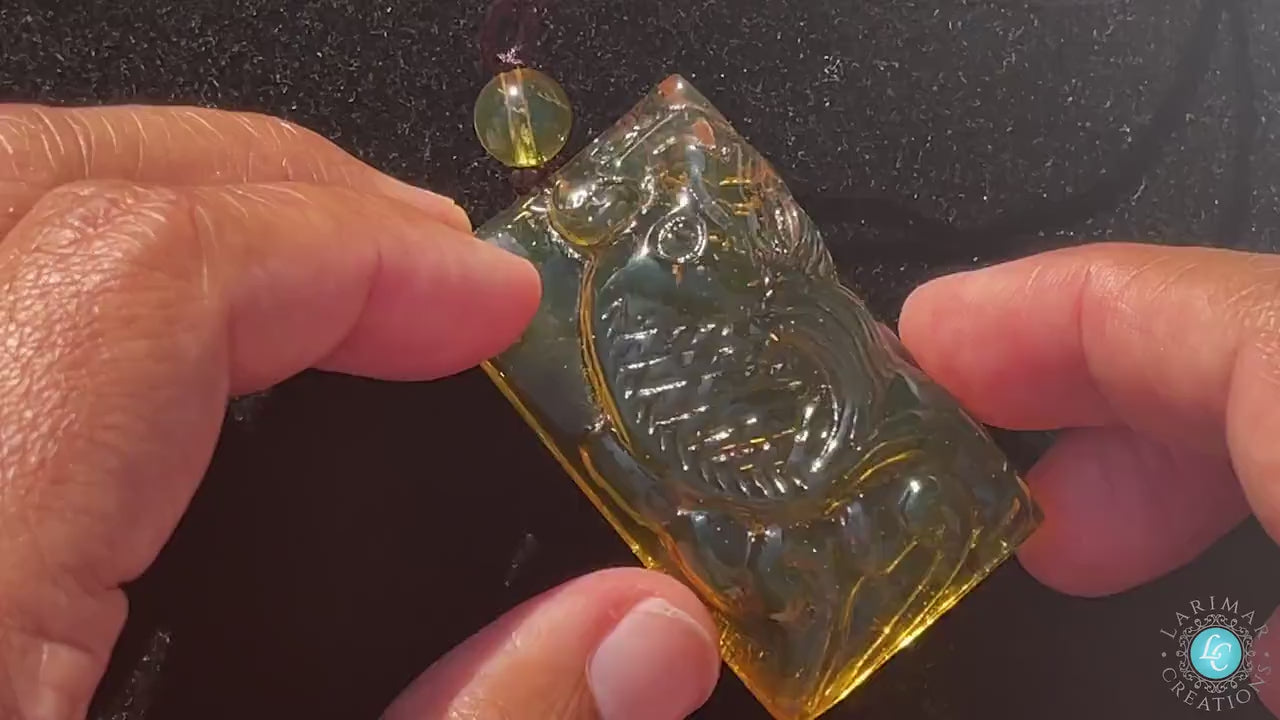 Dominican Amber Pendant, Dominican Amber Green Natural Amber Carving Koi fish Hand-Carved, Koi fish