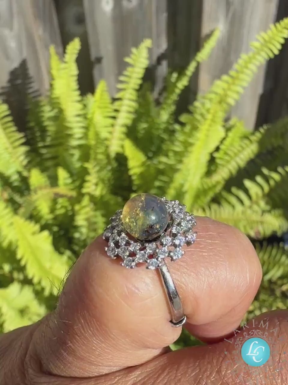 Dominican Blue Amber Ring, Silver 925 Adjustable Statement