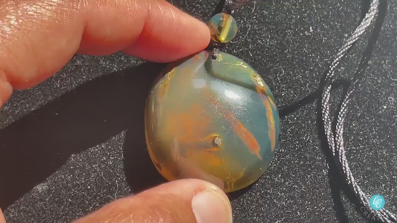 Authentic Dominican Green/Blue Amber with Vegetable Fossil, Amber Cabochon, Fossilized Plant in Amber, Dominican Amber Fossil Pendant
