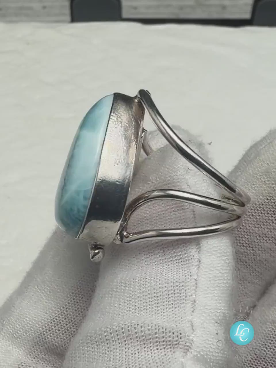 Sterling Silver Larimar Teardrop Ring Size 6.3/4 Dominican Blue Stone Cabochon Jewelry