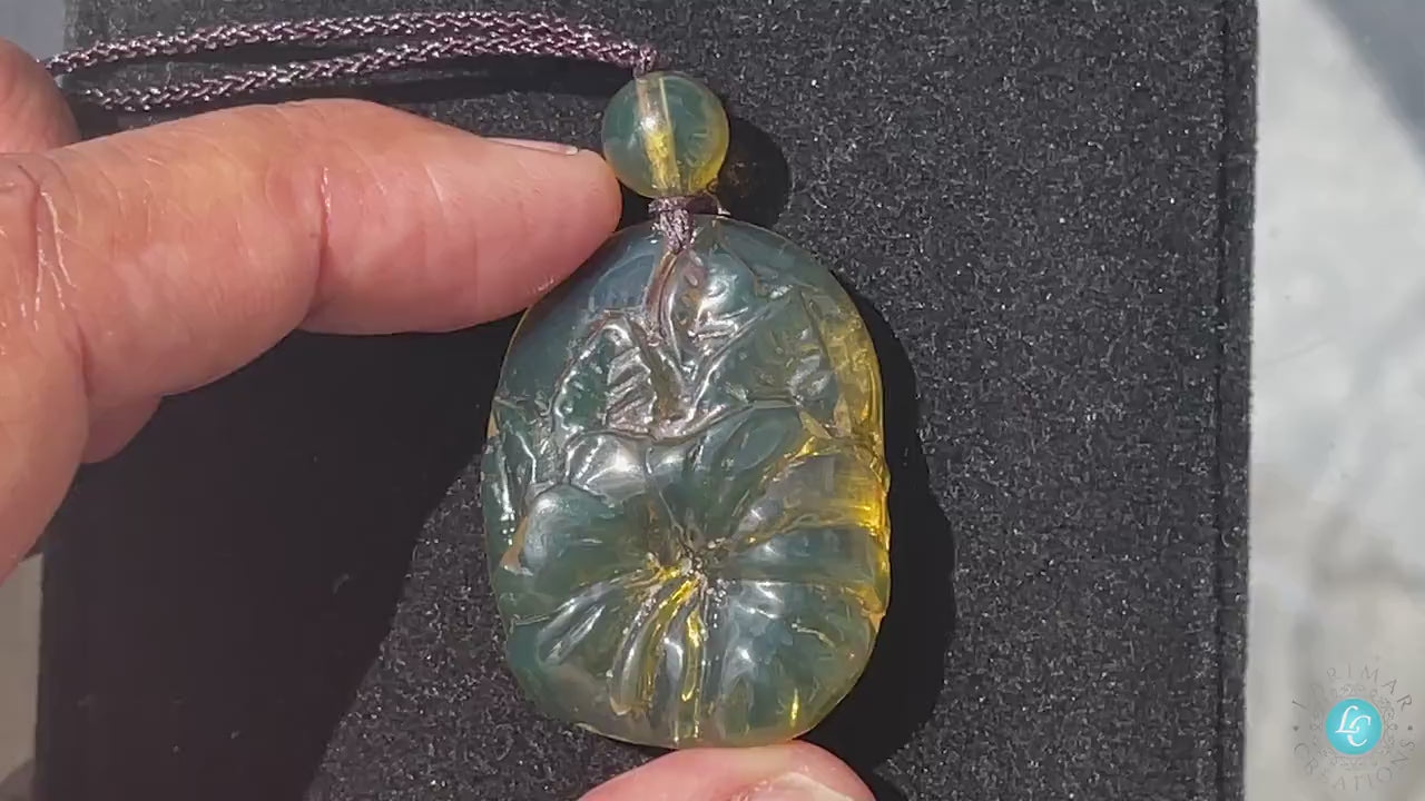 Dominican Amber Green Flower Pendant hand carved adjustable rope with small amber bead ready to wear choker green amber necklace