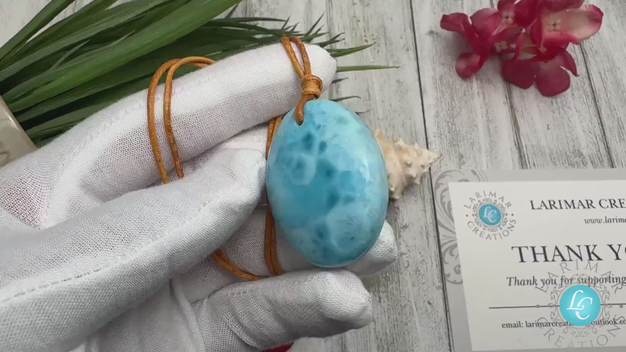 Larimar Necklace, Caribbean Blue Oval Pendant, Natural Larimar Stone Jewelry, Beach-Inspired Handmade Pendant, Healing Crystal Gift