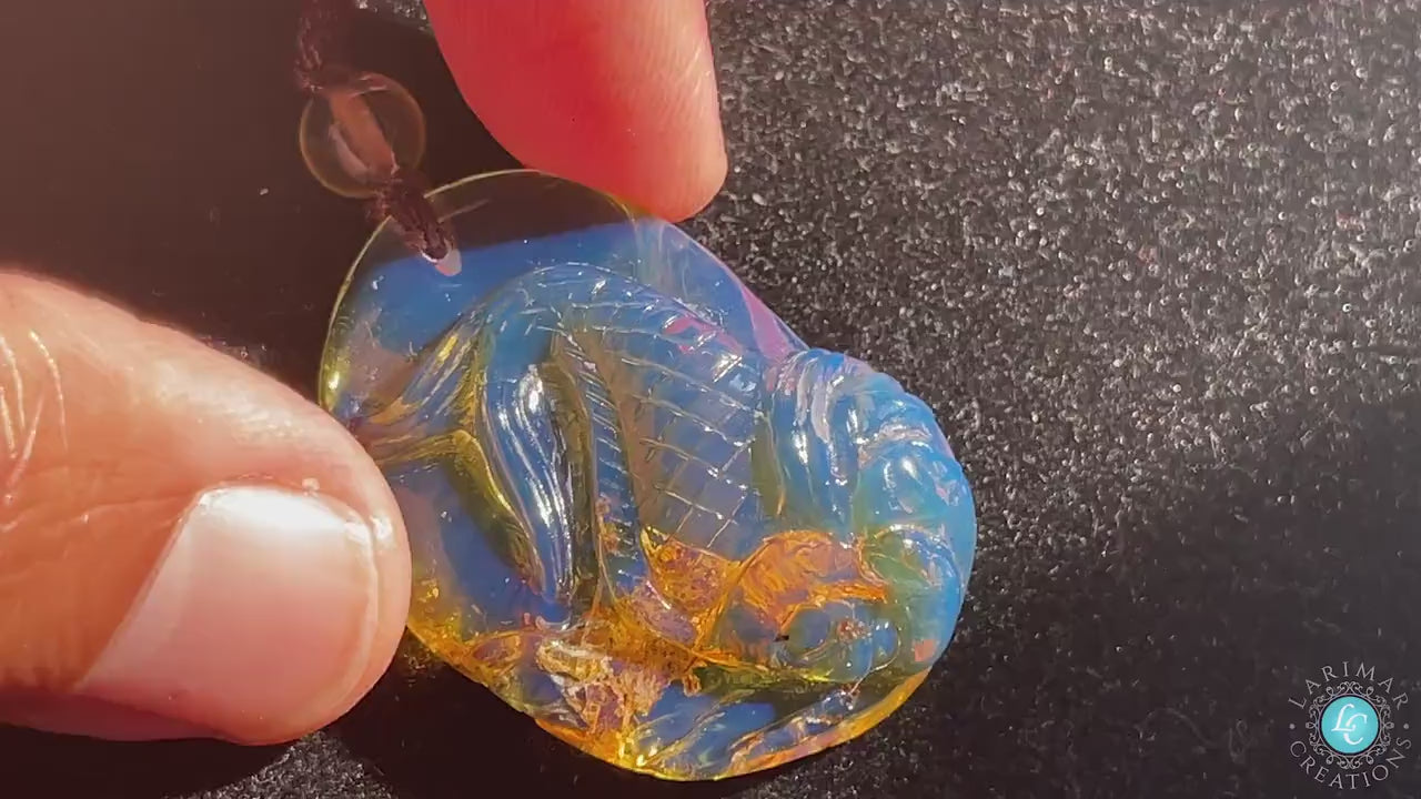 Blue Amber Koi Fish carved Pendant, Dominican Blue Amber pendant koi fish necklace adjustable choker Authentic Natural Blue Amber