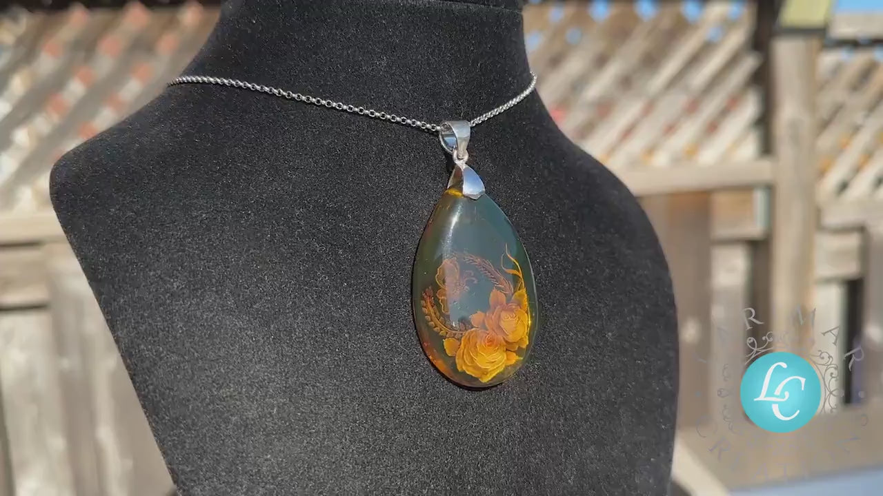 Natural Dominican Amber Green Carving Pendant, 100% Authentic Green amber Dominican flower carving