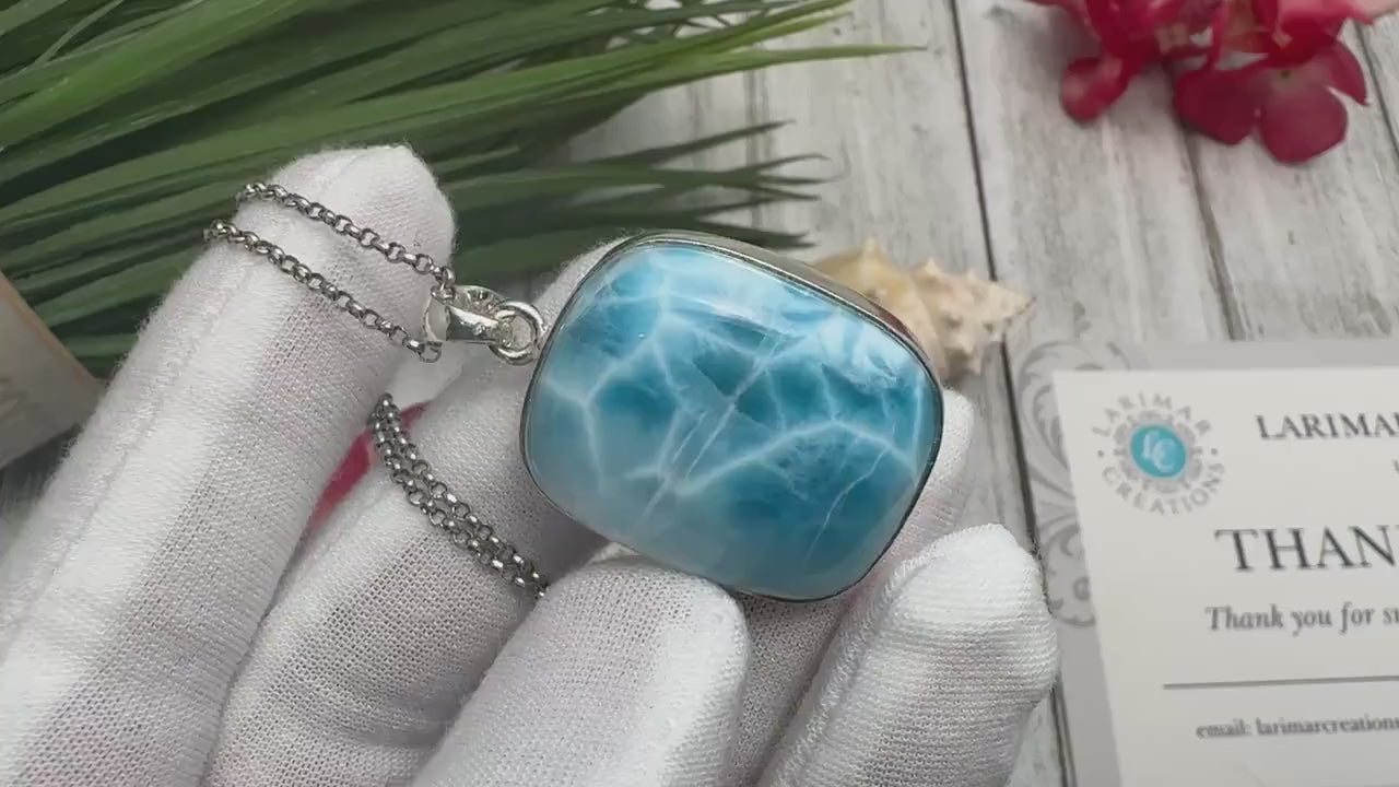 Larimar Pendant: Rectangular Sterling Silver Necklace, Handmade
