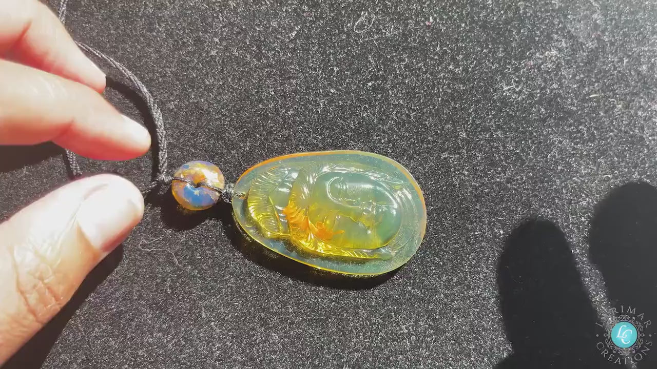 Dominican Blue Amber Kwan Yin Pendant, Meditation Necklace