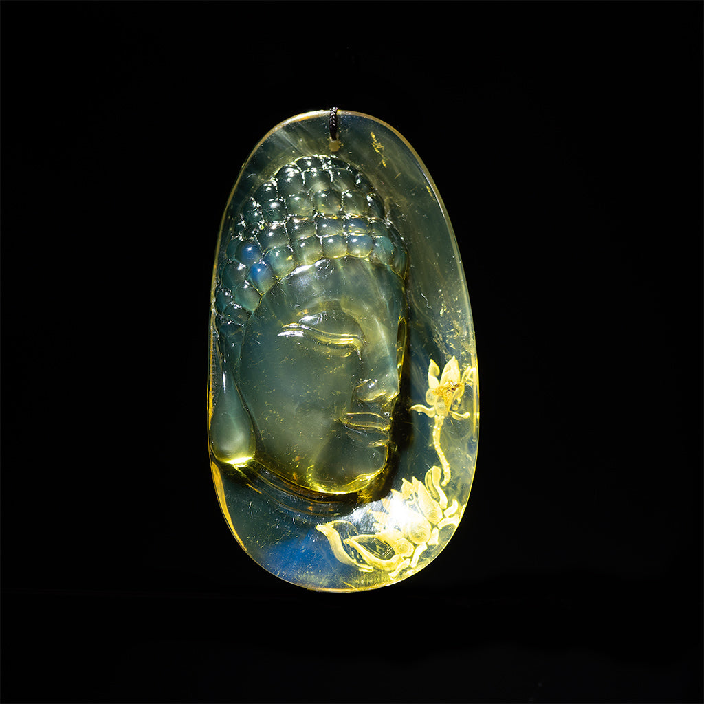Dominican Green & Blue Amber Buddha Pendant
