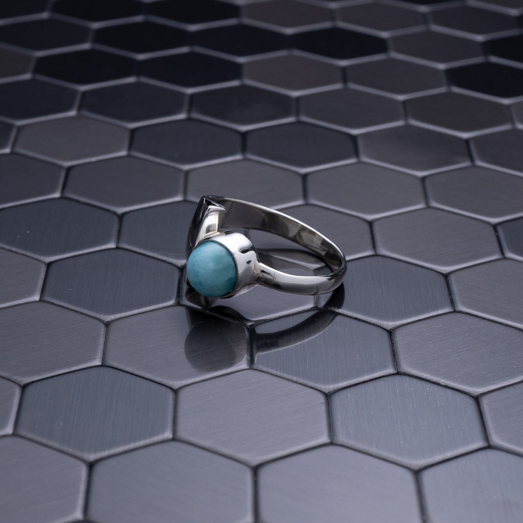 Brown macrame ring with Larimar stone – www.