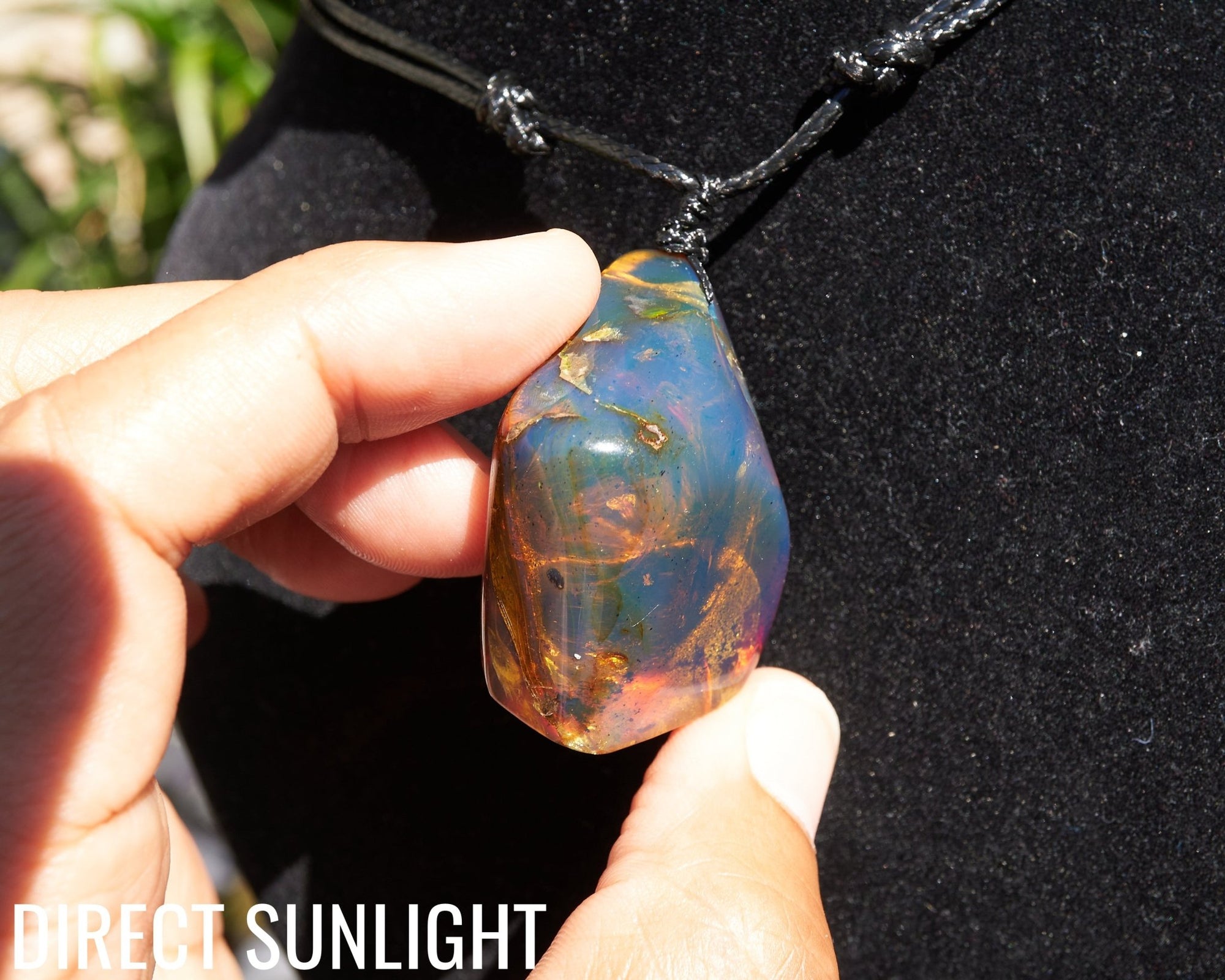 Blue Amber Dominican Cabochon Pendant Necklace with insects fossil - Larimar Creations