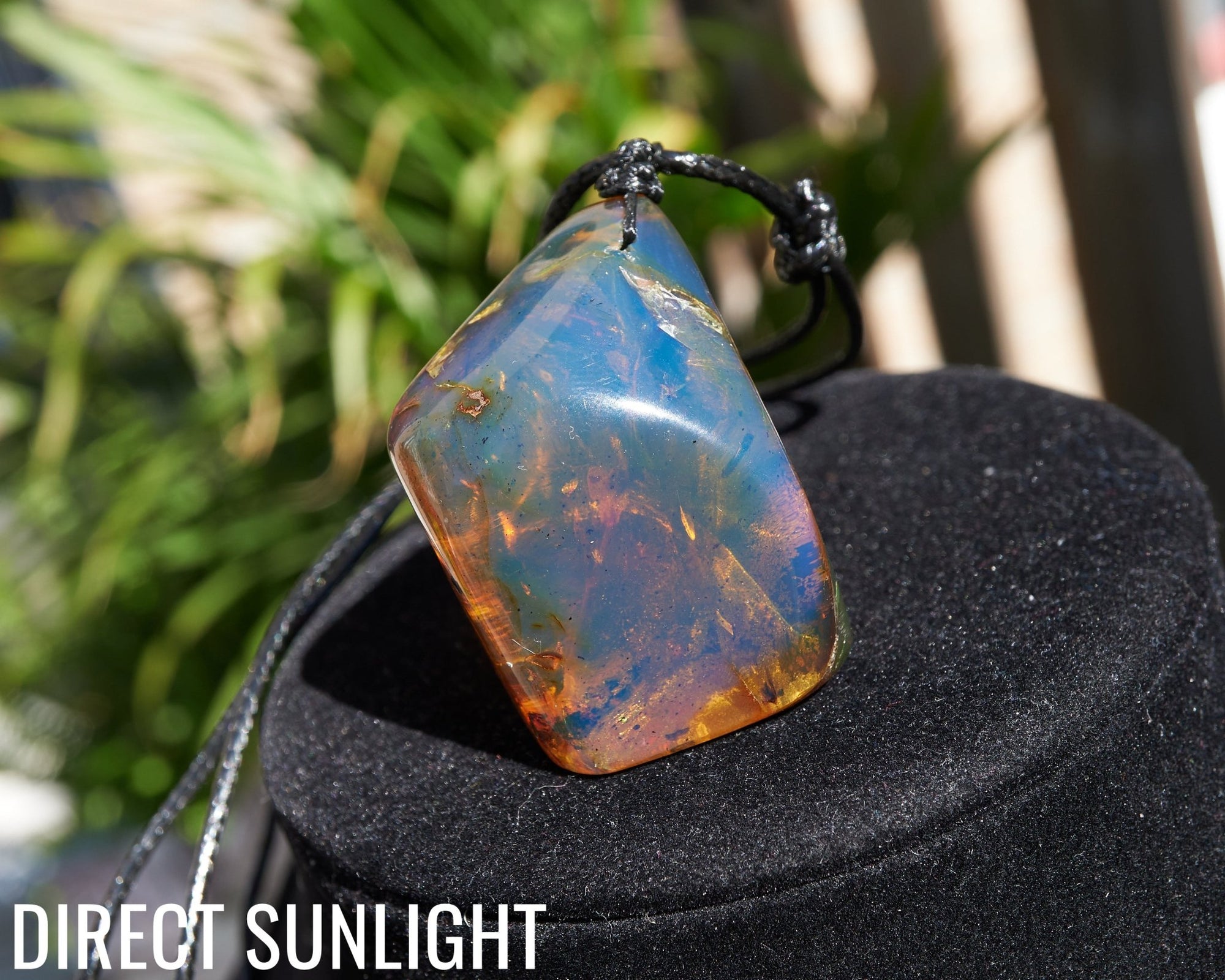 Blue Amber Dominican Cabochon Pendant Necklace with insects fossil - Larimar Creations