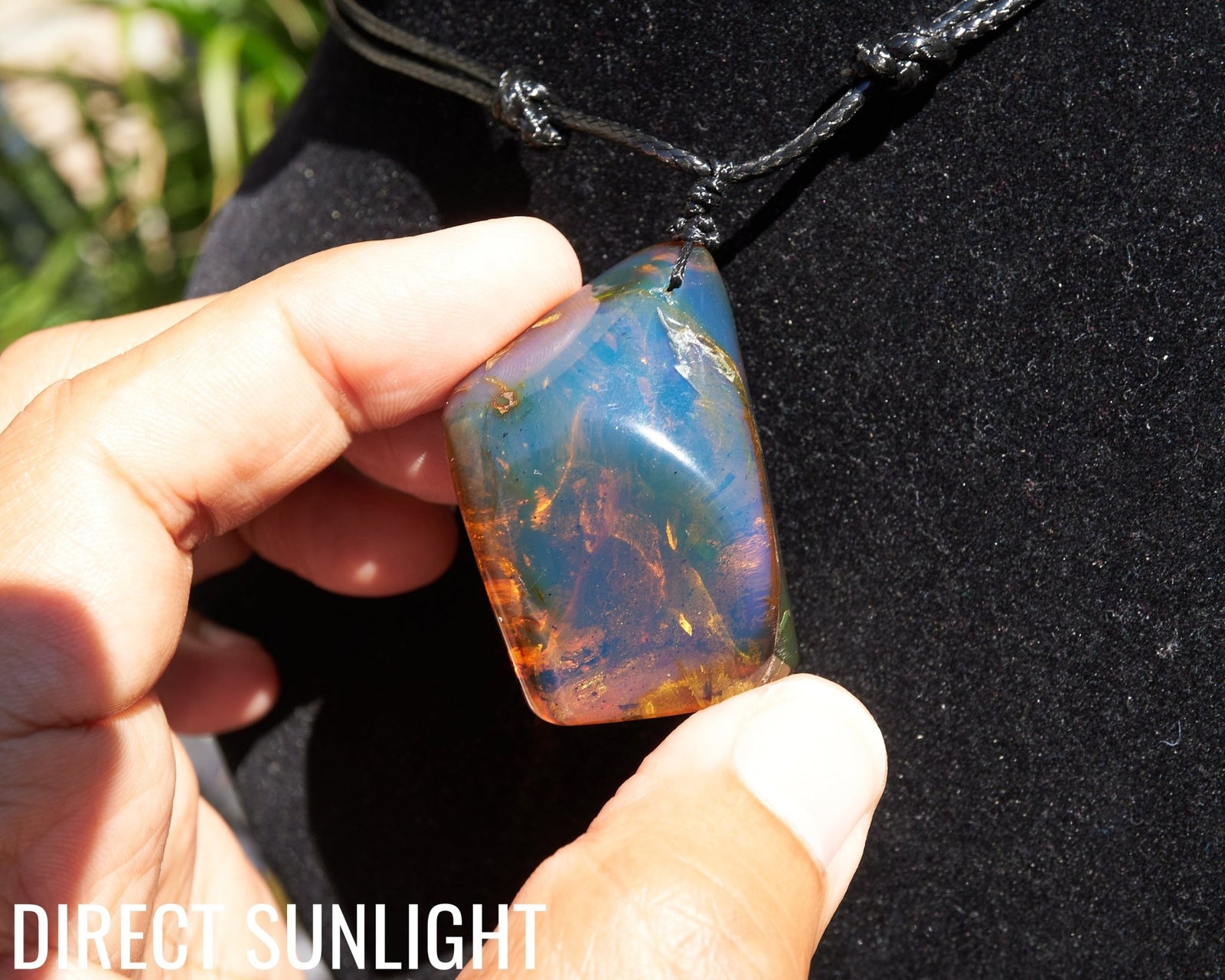 Blue Amber Dominican Cabochon Pendant Necklace with insects fossil - Larimar Creations