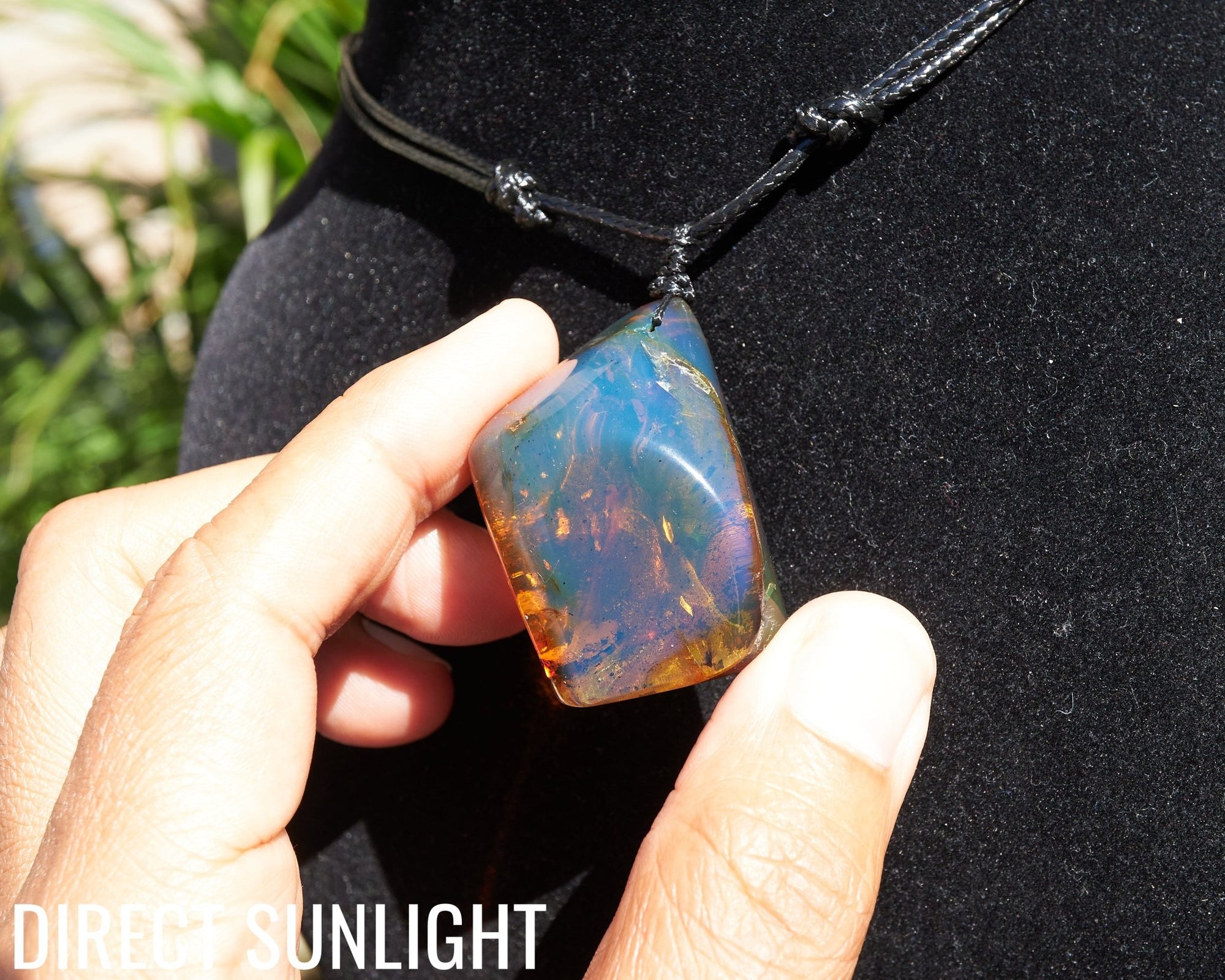 Blue Amber Dominican Cabochon Pendant Necklace with insects fossil - Larimar Creations