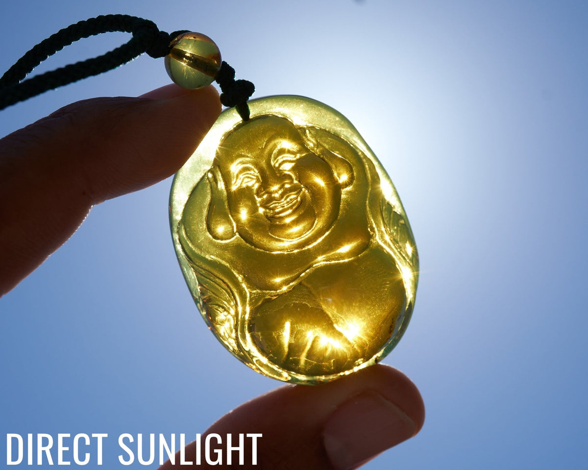 Blue Amber Dominican Happy Buddha Pendant Necklace - Larimar Creations