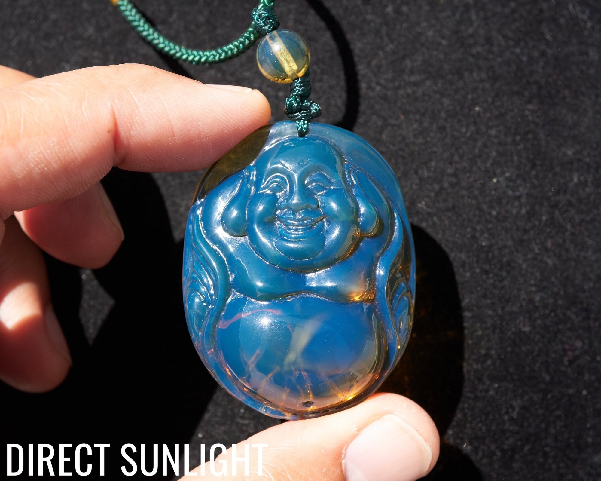 Blue Amber Dominican Happy Buddha Pendant Necklace