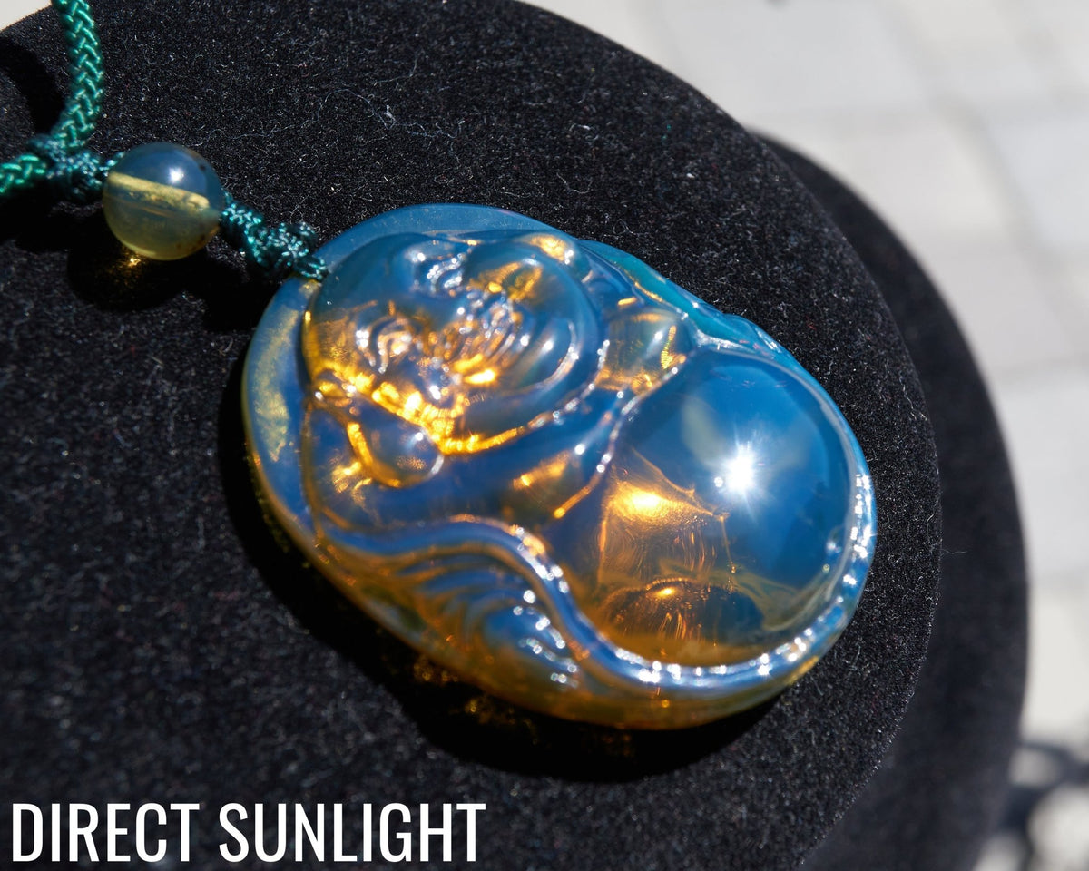 Blue Amber Dominican Happy Buddha Pendant Necklace