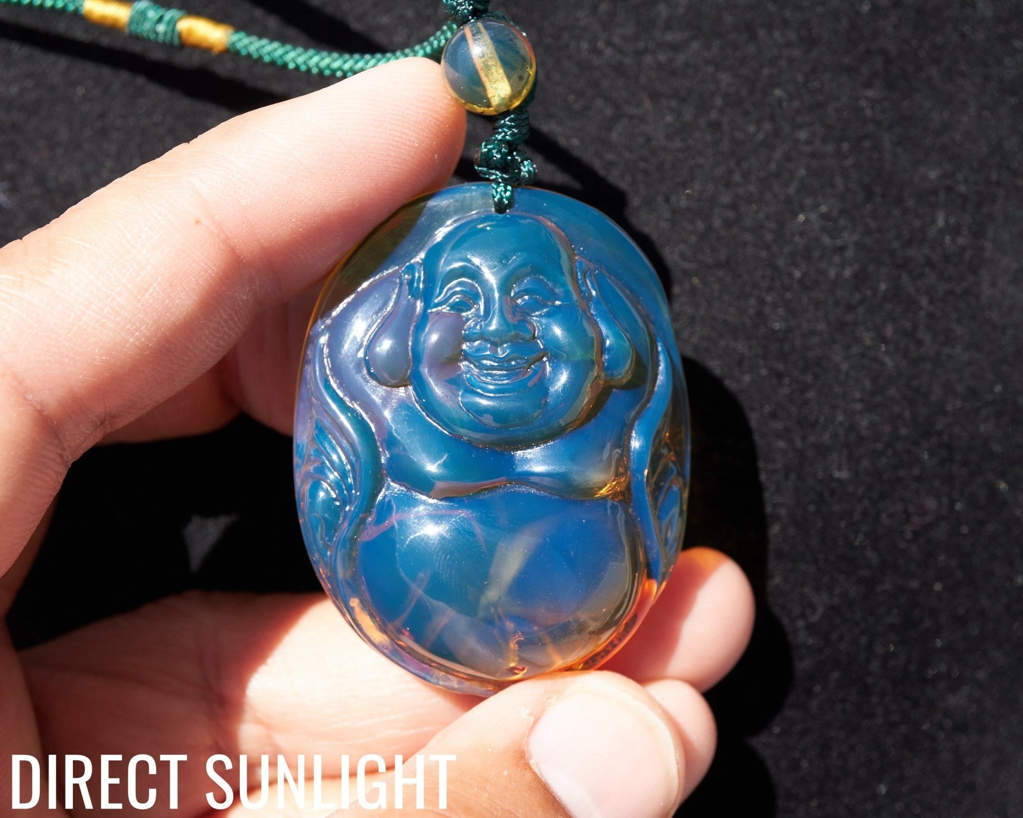 Blue Amber Dominican Happy Buddha Pendant Necklace - Larimar Creations