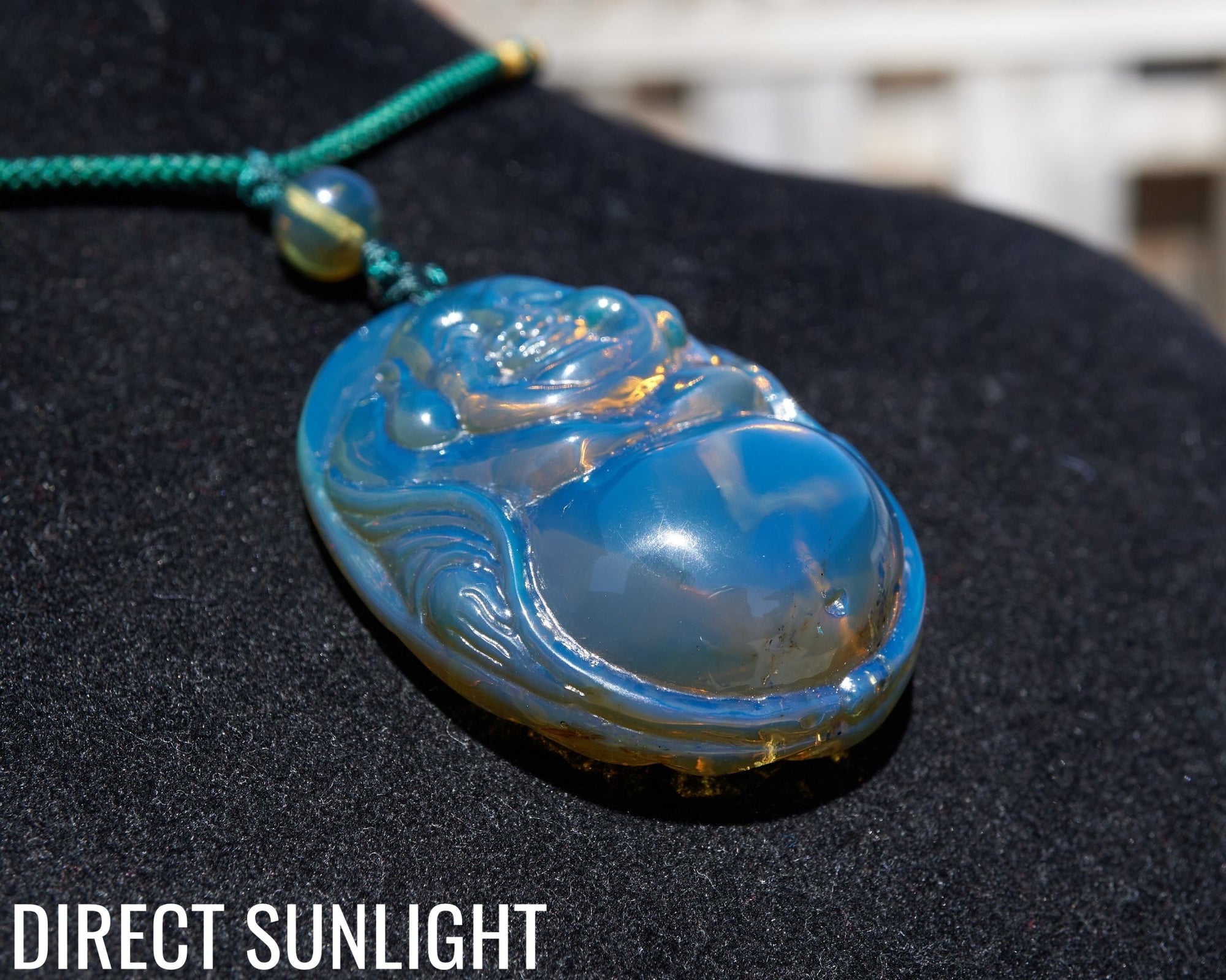 Blue Amber Dominican Happy Buddha Pendant Necklace