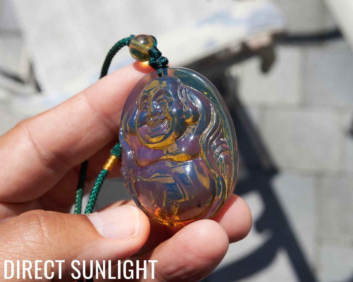 Blue Amber Dominican Happy Buddha Pendant Necklace - Larimar Creations
