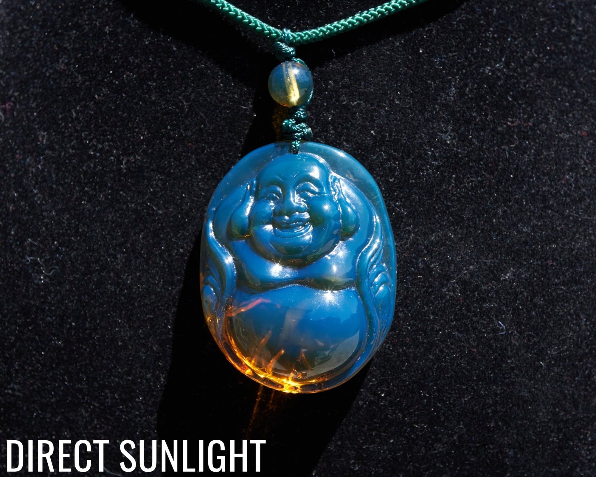 Blue Amber Dominican Happy Buddha Pendant Necklace