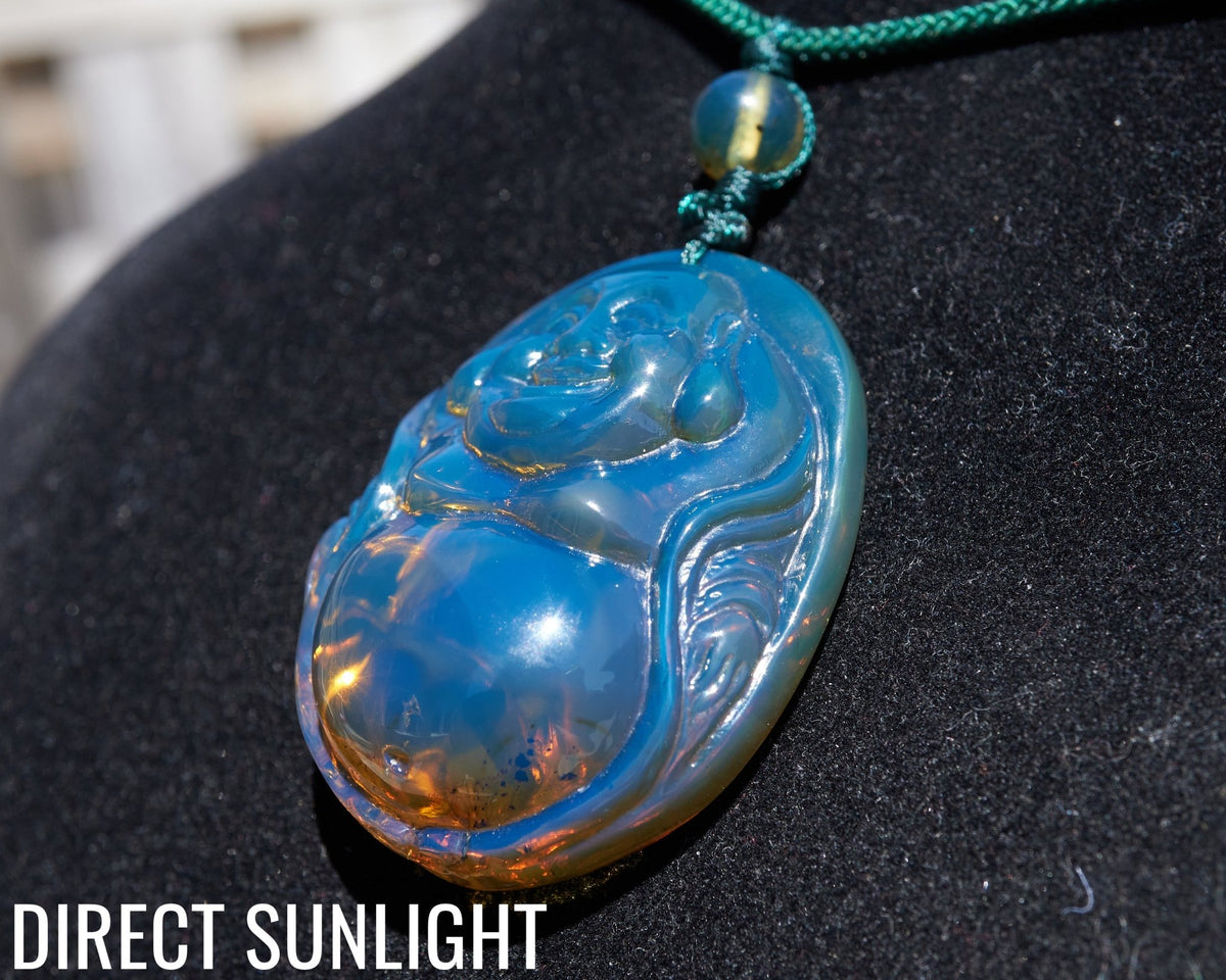 Blue Amber Dominican Happy Buddha Pendant Necklace - Larimar Creations