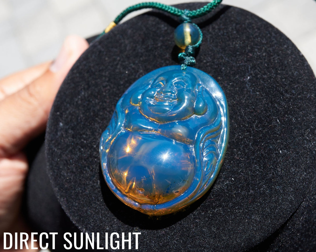 Blue Amber Dominican Happy Buddha Pendant Necklace - Larimar Creations