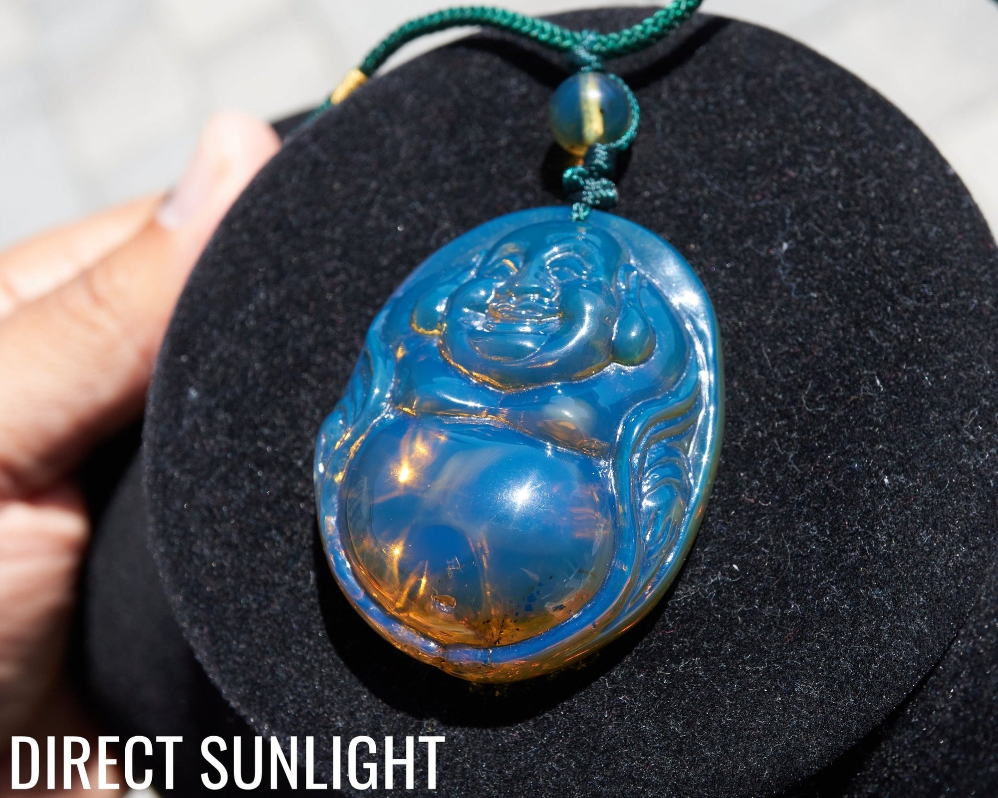 Blue Amber Dominican Happy Buddha Pendant Necklace - Larimar Creations
