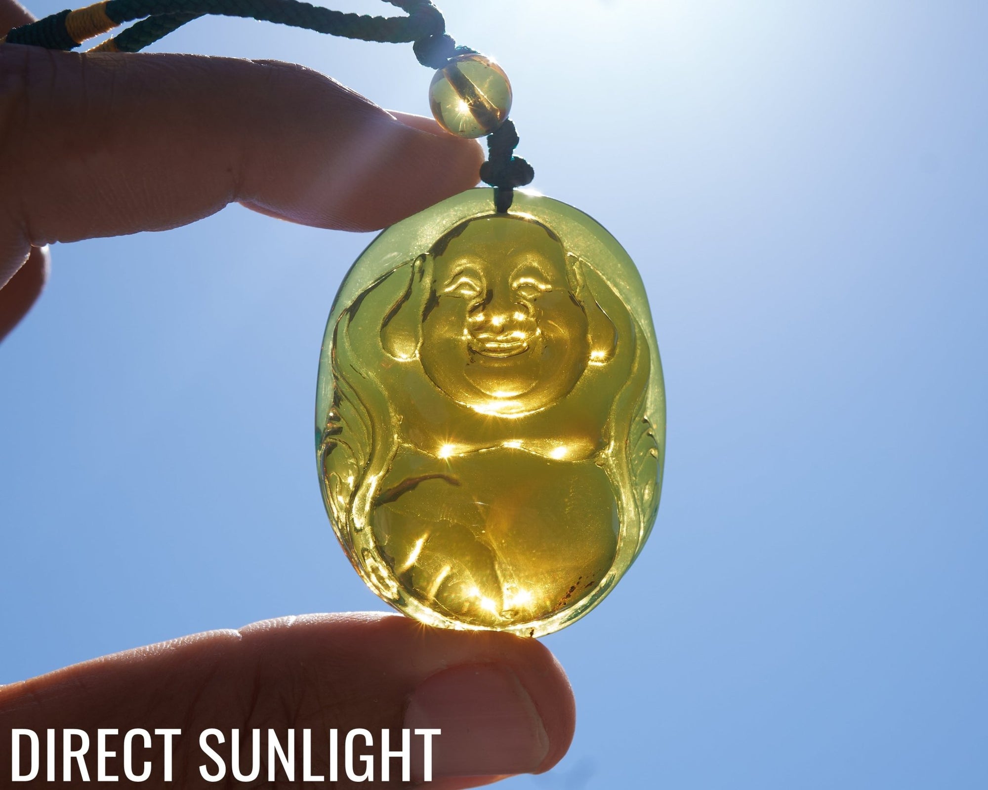 Blue Amber Dominican Happy Buddha Pendant Necklace