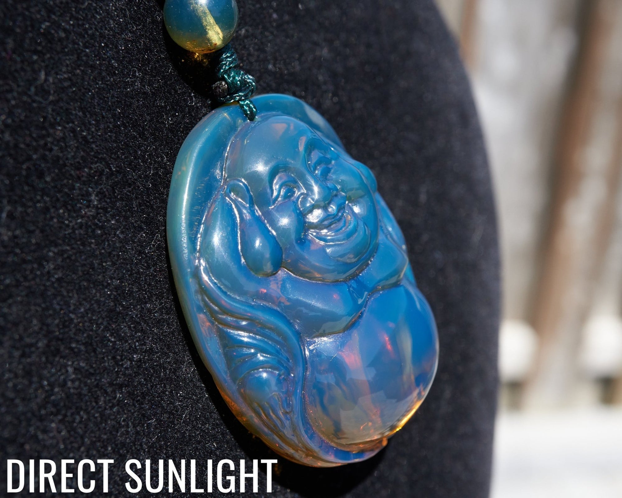Blue Amber Dominican Happy Buddha Pendant Necklace