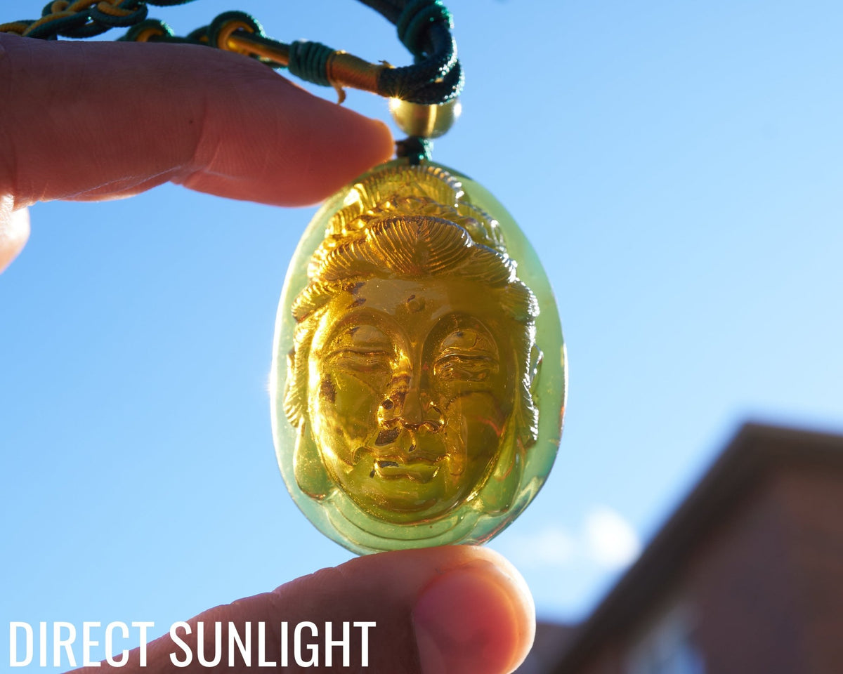 Blue Amber Dominican Kuan Yin / Guan Yin Pendant Necklace AAA+ - Larimar Creations