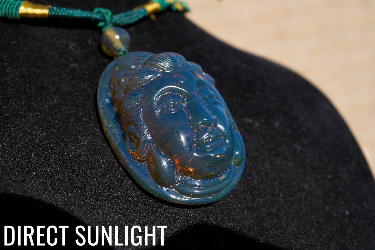 Blue Amber Dominican Kuan Yin / Guan Yin Pendant Necklace AAA+ - Larimar Creations