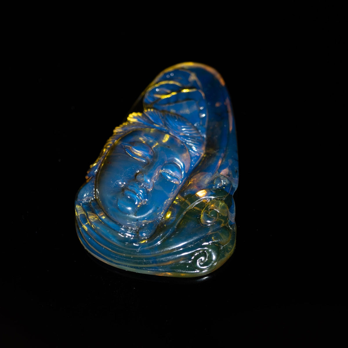 Dominican Blue Amber Guan Yin Pendant - Larimar Creations
