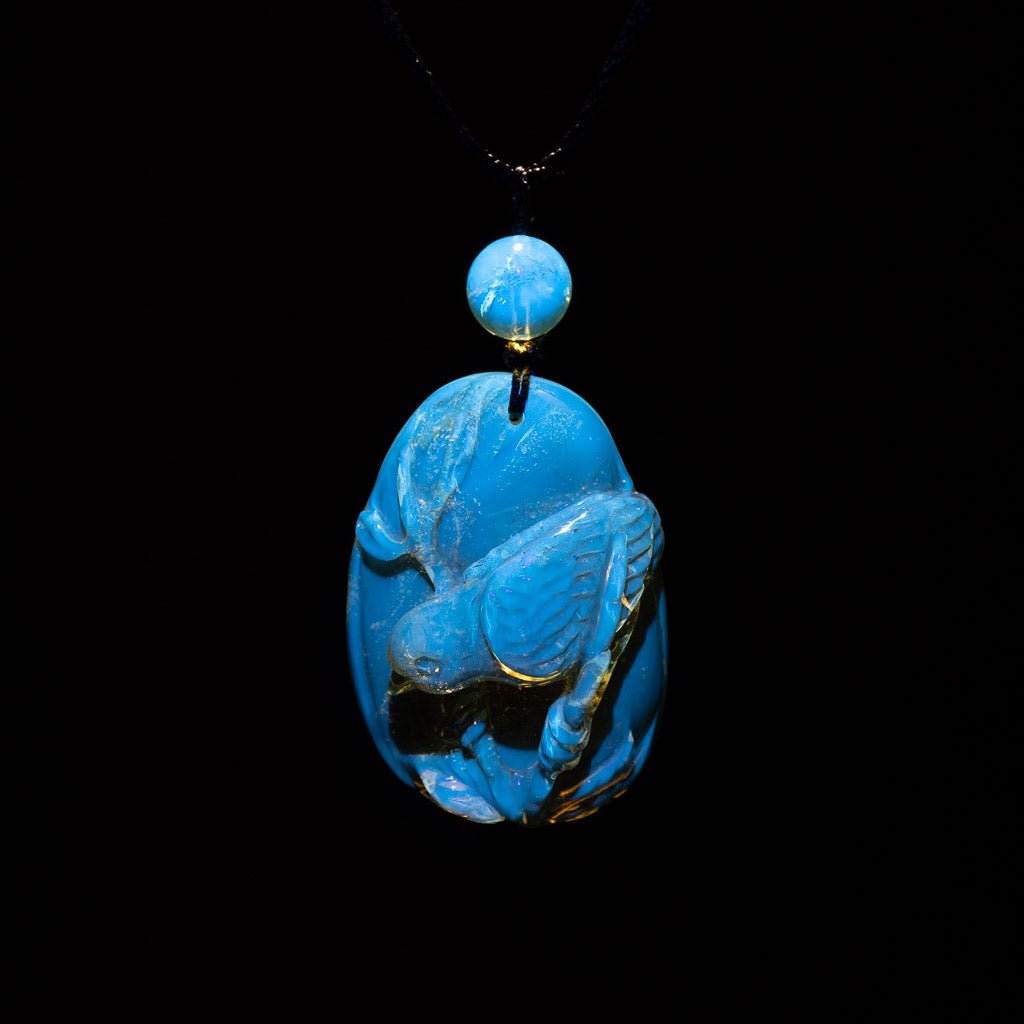 Dominican Blue Amber Pendant, Bird Carved - Larimar Creations