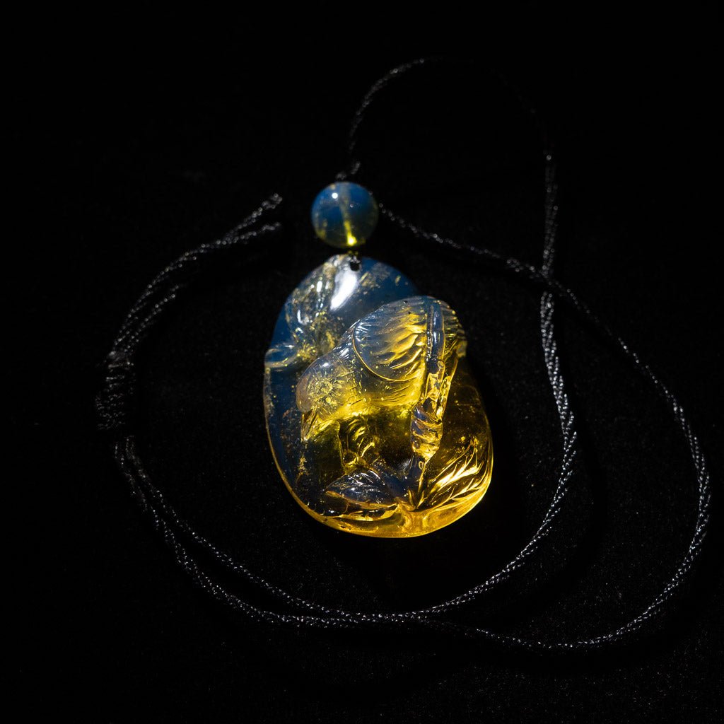 Dominican Blue Amber Pendant, Bird Carved - Larimar Creations