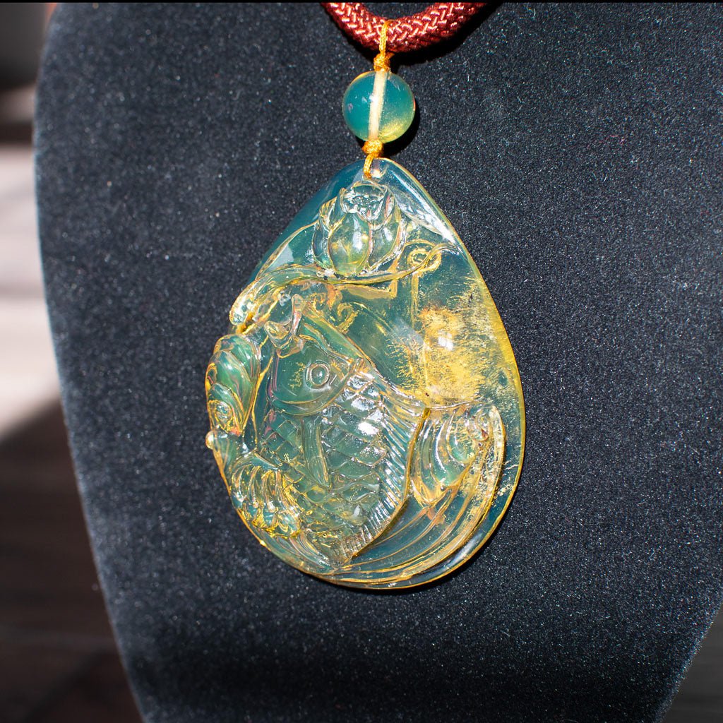 Dominican Green Amber Big Koi Carving