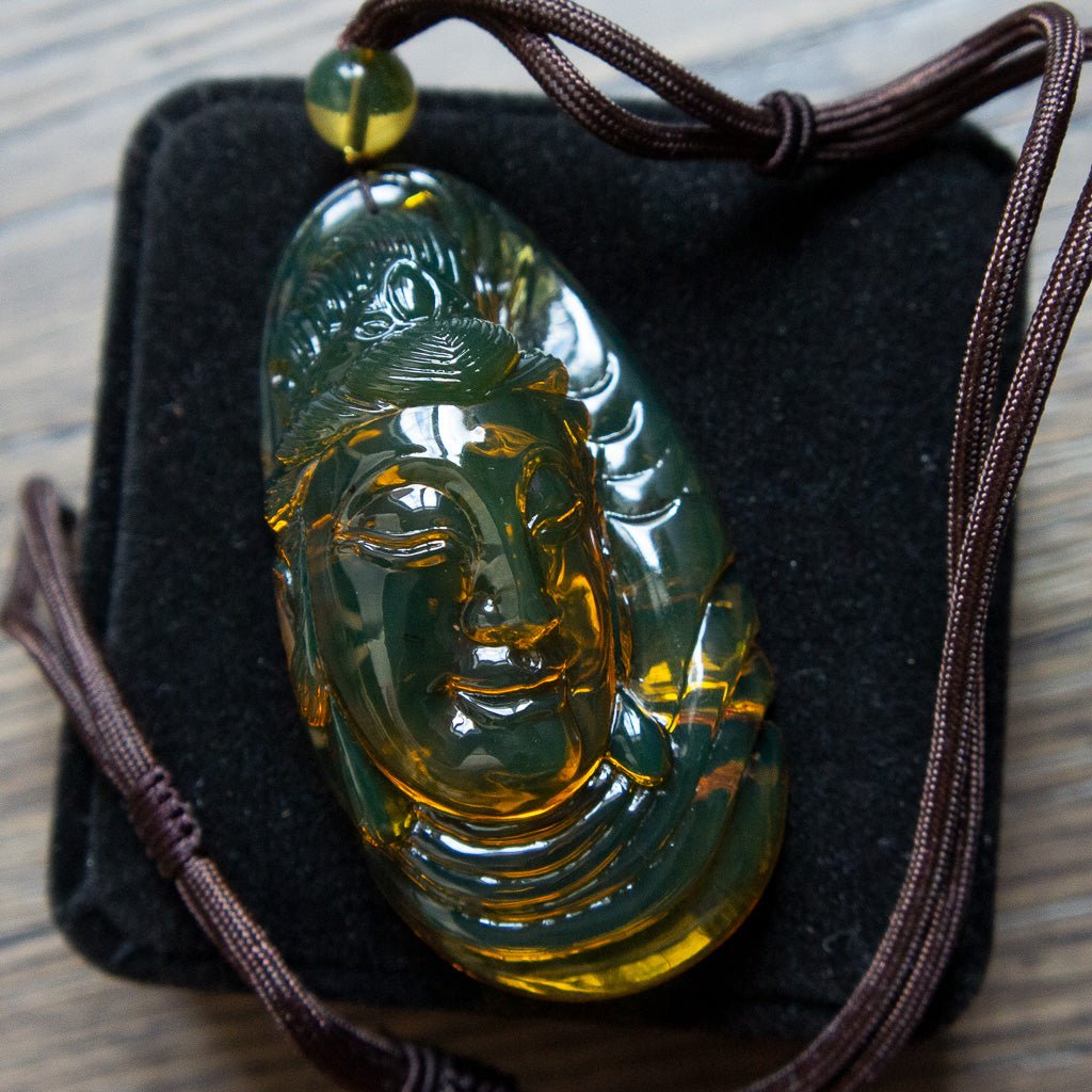 Dominican Green Amber Big Kuan Yin Pendant