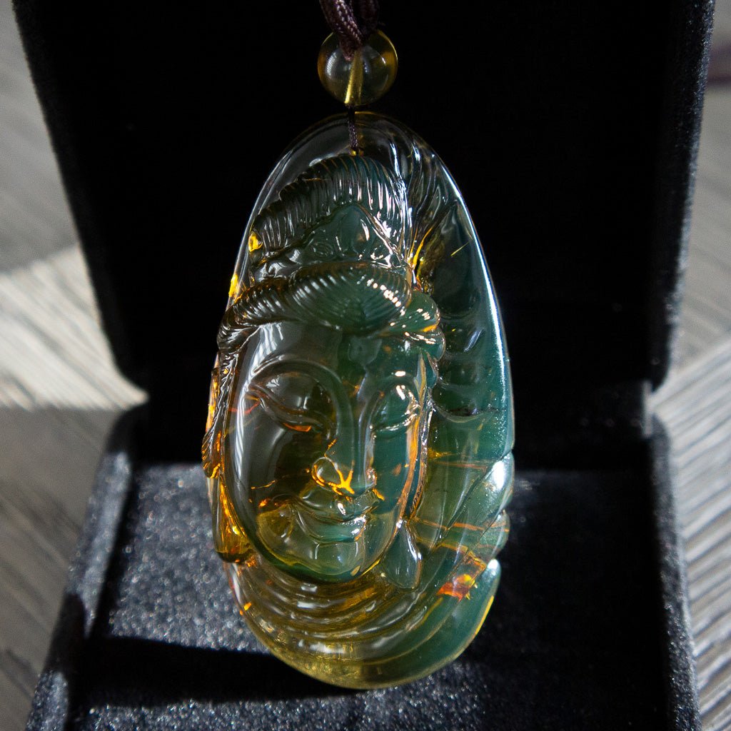 Dominican Green Amber Big Kuan Yin Pendant