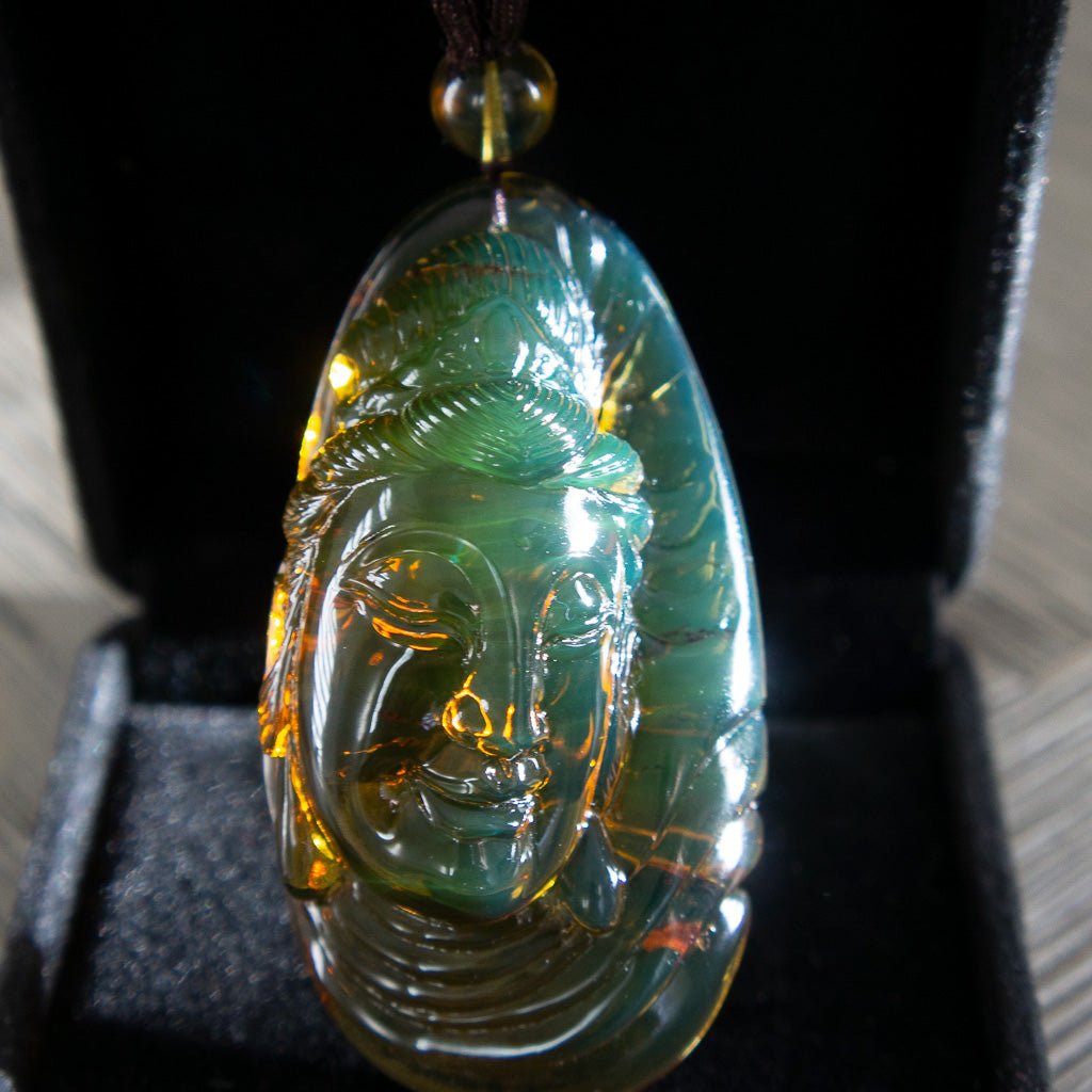 Dominican Green Amber Big Kuan Yin Pendant