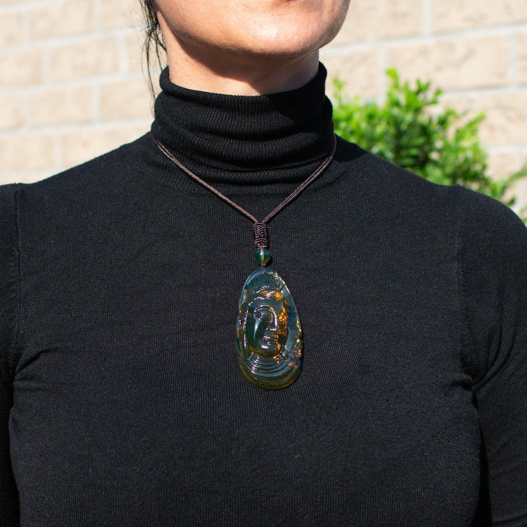 Dominican Green Amber Big Kuan Yin Pendant