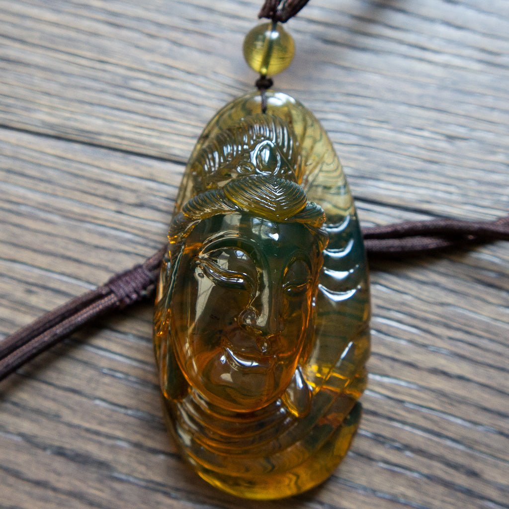 Dominican Green Amber Big Kuan Yin Pendant