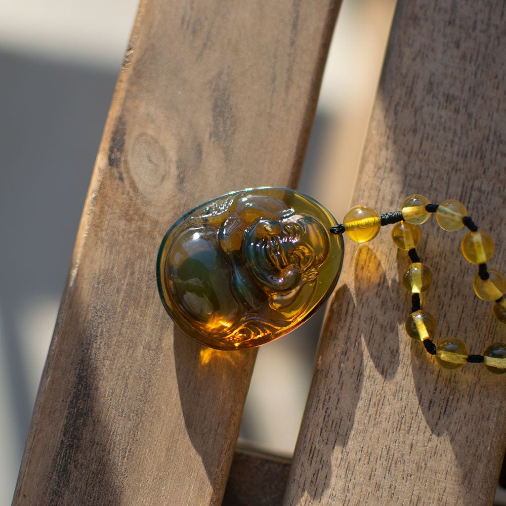 Dominican Green Amber Buddha Necklace