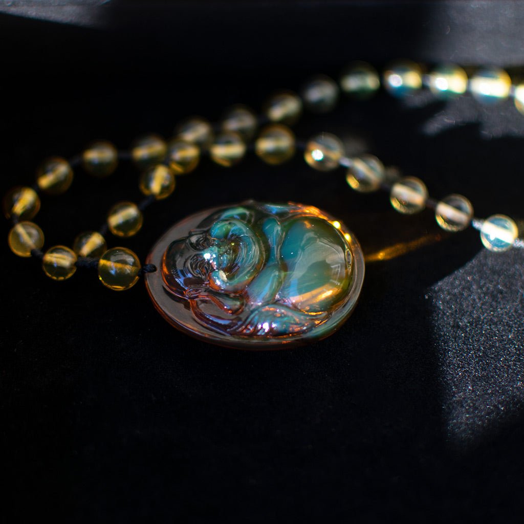 Dominican Green Amber Buddha Necklace