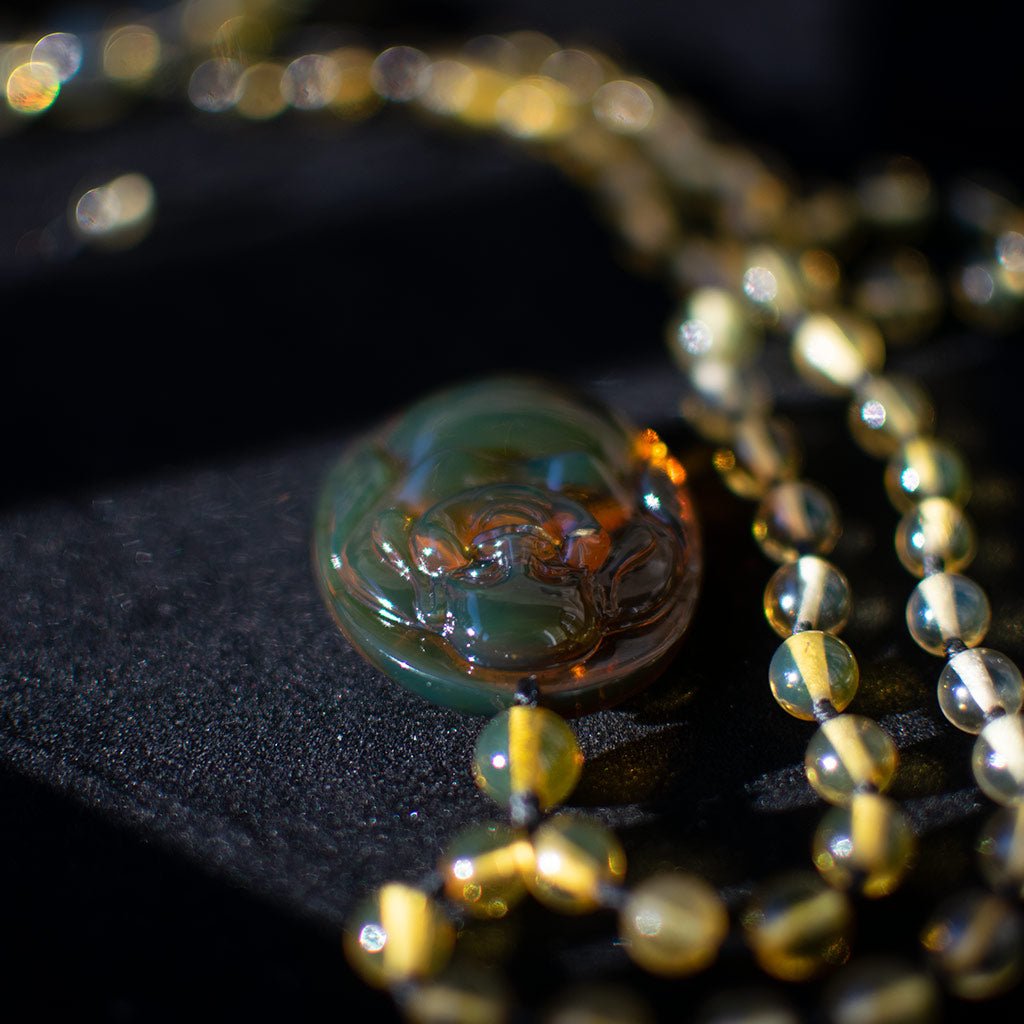 Dominican Green Amber Buddha Necklace