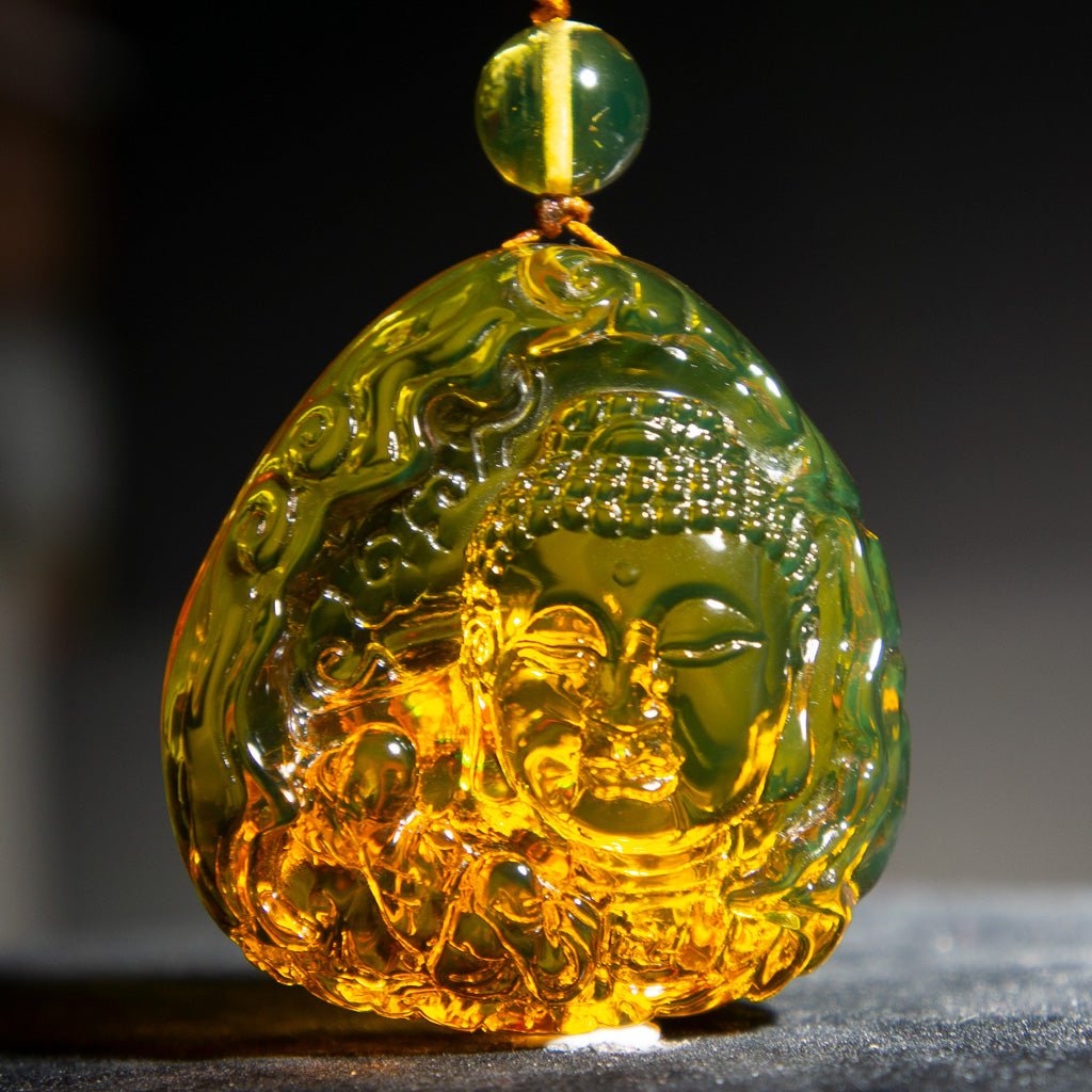 Dominican Green Amber Carving, Buddha - Larimar Creations