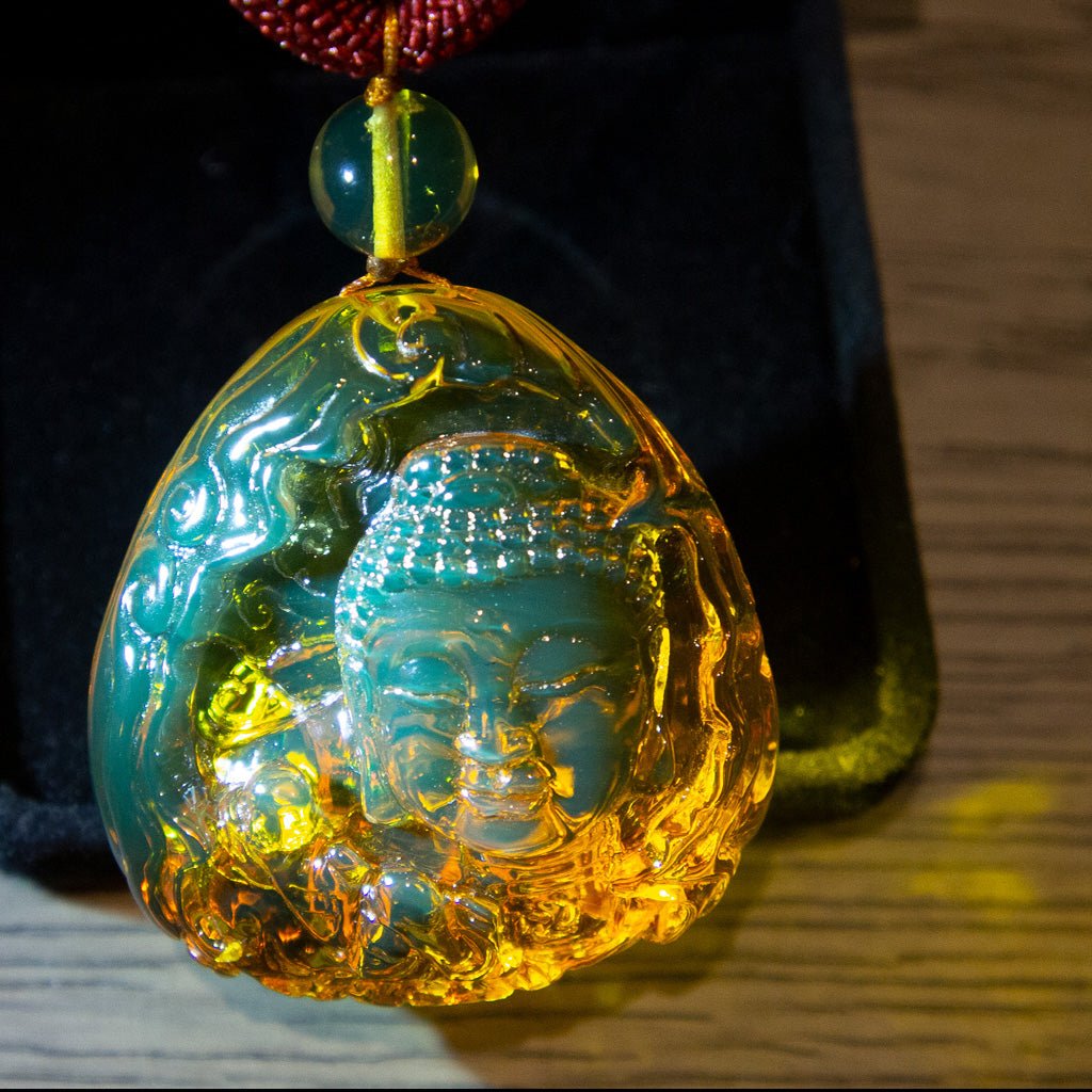 Dominican Green Amber Carving, Buddha - Larimar Creations