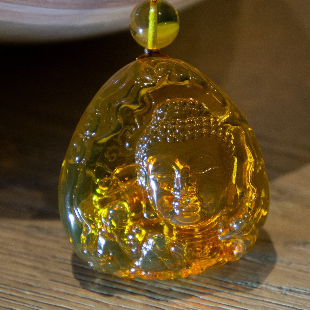 Dominican Green Amber Carving, Buddha - Larimar Creations