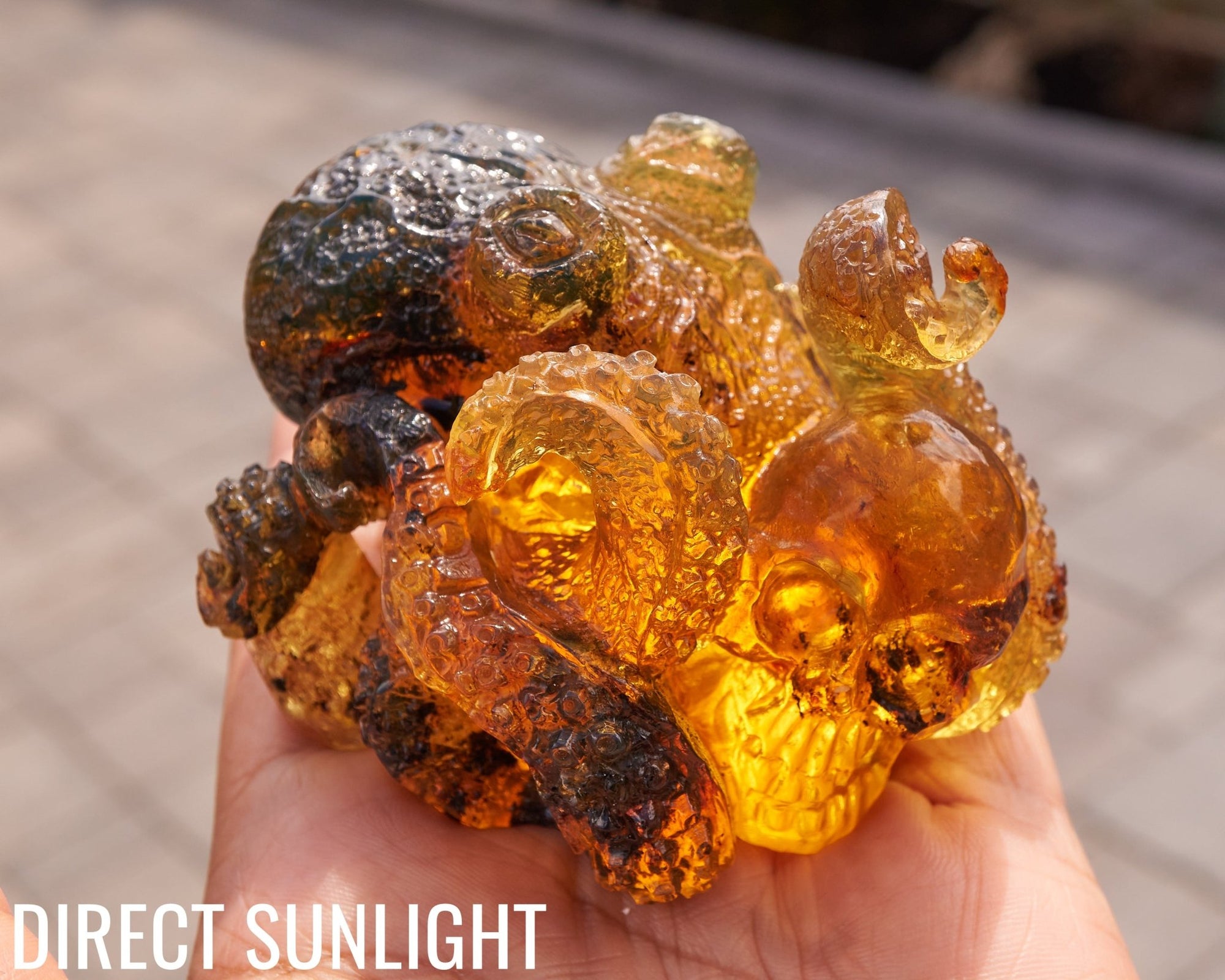 Octopus and Skull Carving Green Amber Dominican - Larimar Creations