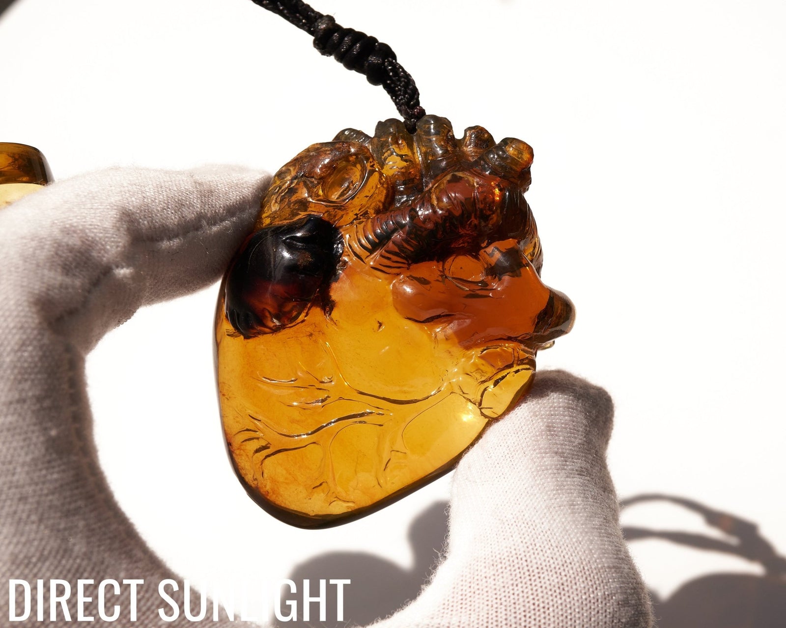 Realistic Heart Necklace made in Dominican Amber, Anatomical Shape - Larimar Creations