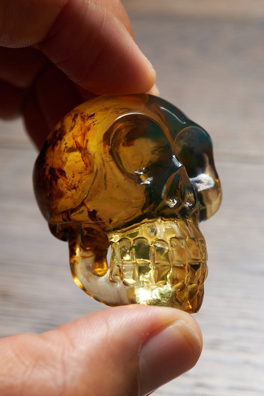 Authentic Dominican Green Amber Hand-Carved Skull - Unique & Stunning Collectible! - Larimar Creations