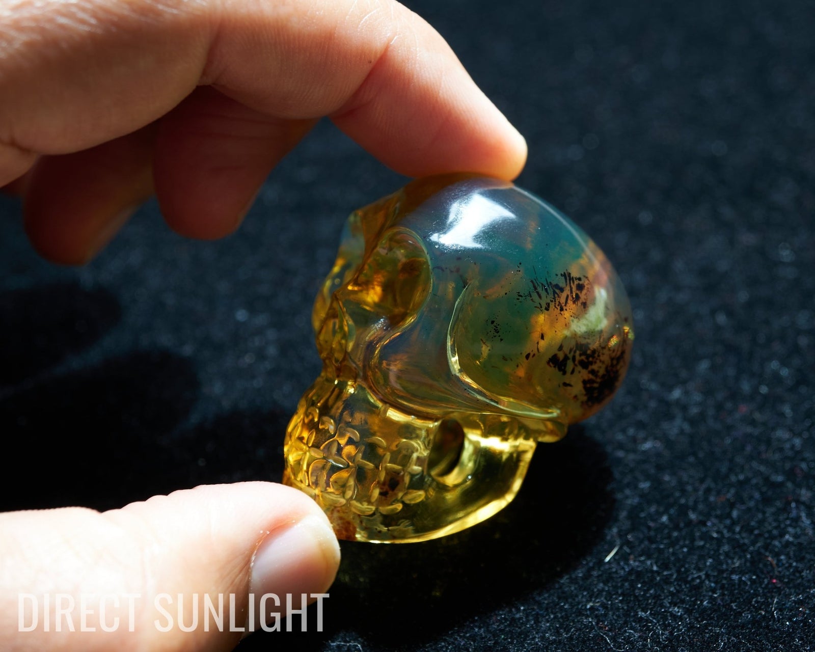 Authentic Dominican Green Amber Hand-Carved Skull - Unique & Stunning Collectible! - Larimar Creations
